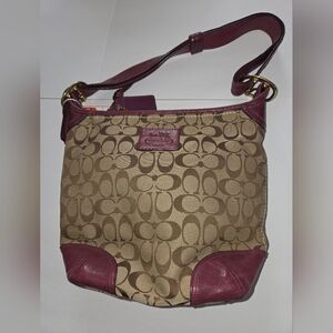 PREOWNED MY BIG BEAUTIFUL COACH SIGNATURE SHOULDER/TOTE BAG TAN/BURGUNDY/BROWN